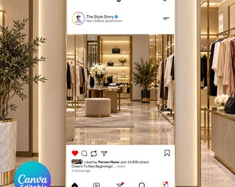 May include: A digital Instagram post template featuring a boutique interior with clothing racks, a beige ottoman, and floral arrangements. The interface includes the text The Style Story, New Zealand, Queenstown, and Cheers To New Beginnings.