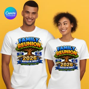 May include: White t-shirts with a colorful "Family Reunion 2026" graphic featuring a tree design. The graphic includes text that reads "Together is our favorite place to be" and "Memories made that last forever."