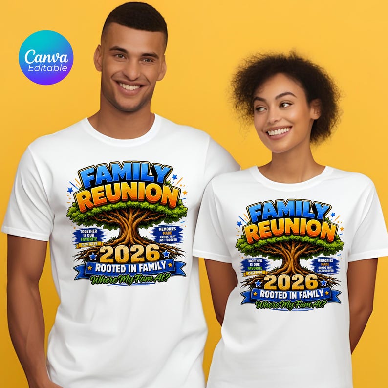 May include: White t-shirts with a colorful "Family Reunion 2026" graphic featuring a tree design. The graphic includes text that reads "Together is our favorite place to be" and "Memories made that last forever."