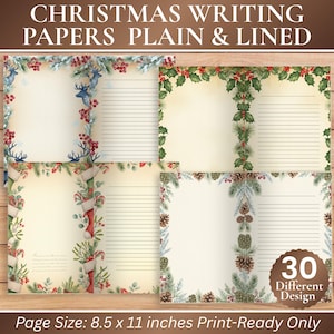 May include: A collection of Christmas writing papers, both plain and lined, with decorative borders featuring festive elements like holly, pine cones, and reindeer. The papers are 8.5 x 11 inches and come in 30 different designs.