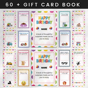 May include: A colorful gift card book with the text "60 + GIFT CARD BOOK" at the top. The book features various themed cards, including "Happy Birthday" cards and cards for different occasions. The cards have a dotted border.