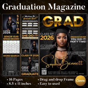 以下が含まれることがあります： 黒と金の卒業雑誌のデザイン。卒業生の写真、「Grad 2026」の文字、お祝いの要素が特徴です。単語検索とビンゴが含まれています。雑誌のサイズは21.59 cm x 27.94 cmです。