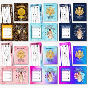 K&ouml;nnte beinhalten: Eine Sammlung von Party-Einladungen, Bordkarten und Pass-Designs. Die Einladungen zeigen eine Frau und die Worte "Happy Birthday" und "The Details". P&auml;sse und Bordkarten haben ein goldenes Emblem.