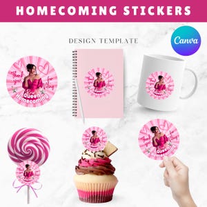 May include: A design template featuring homecoming stickers, a notebook, a mug, a cupcake, and a lollipop. The stickers have a pink and white radial design with the text "Thank you for voting Briell Queen Homecoming".