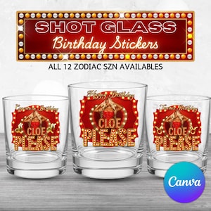 Ihr Name bitte alle Sternzeichen Geburtstags-Schnapsglas-Aufkleber Vorlage, bearbeitbares Party-Schnapsglas, anpassbares Schnapsglas Design, Schnapsglas-Aufkleber