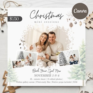 May include: A promotional image for Christmas mini photo sessions. The image features a family of three, with the text "Christmas mini sessions" and "Book Your Spot Now". The sessions are scheduled for November 5 & 6.