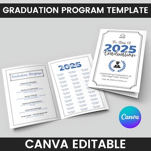 Modello per il programma di laurea 2025, biglietto di auguri modificabile per la cerimonia del 2025, classe del 2025, programma di laurea per scuole superiori e università, download immediato