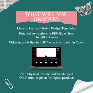 May include: A teal graphic with the text "WHAT WILL YOU RECEIVE?" and a list of digital product features. Includes a laptop graphic with a social media interface. A butterfly and paperclip graphic are also included.