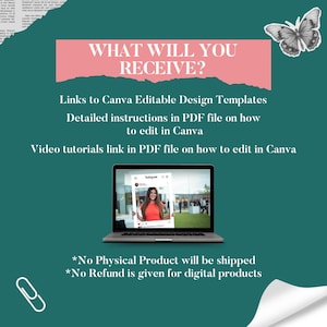 May include: A pink and green graphic with the text "WHAT WILL YOU RECEIVE?" and a butterfly graphic. The text below lists the digital products included: links to Canva Editable Design Templates, detailed instructions in a PDF file on how to edit in Canva, and video tutorials link in a PDF file on how to edit in Canva. The text at the bottom states "*No Physical Product will be shipped *No Refund is given for digital products".