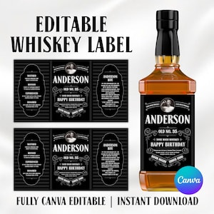 Peut inclure: Image d'une bouteille de whisky et d'une maquette d'étiquette. L'étiquette indique "Anderson Old No. 35 Happy Birthday Sour Mash Whiskey Since 1900." Le texte "Editable Whiskey Label" est en haut. Le design est en noir et blanc.