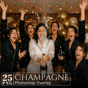 May include: A group of people celebrating, with champagne spraying. The central figure is opening a bottle of champagne, surrounded by others in black pajamas with white trim. Confetti fills the air, with balloons in the background. Text at the bottom reads "25 CHAMPAGNE PNG Photoshop Overlay."