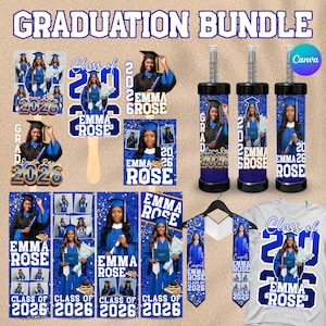May include: A graduation bundle featuring various items with a blue and white theme. Includes photo cutouts, a tie, a t-shirt, and decorative tubes, all personalized with the name "Emma Rose" and the year "2026". The text "Graduation Bundle" is at the top.