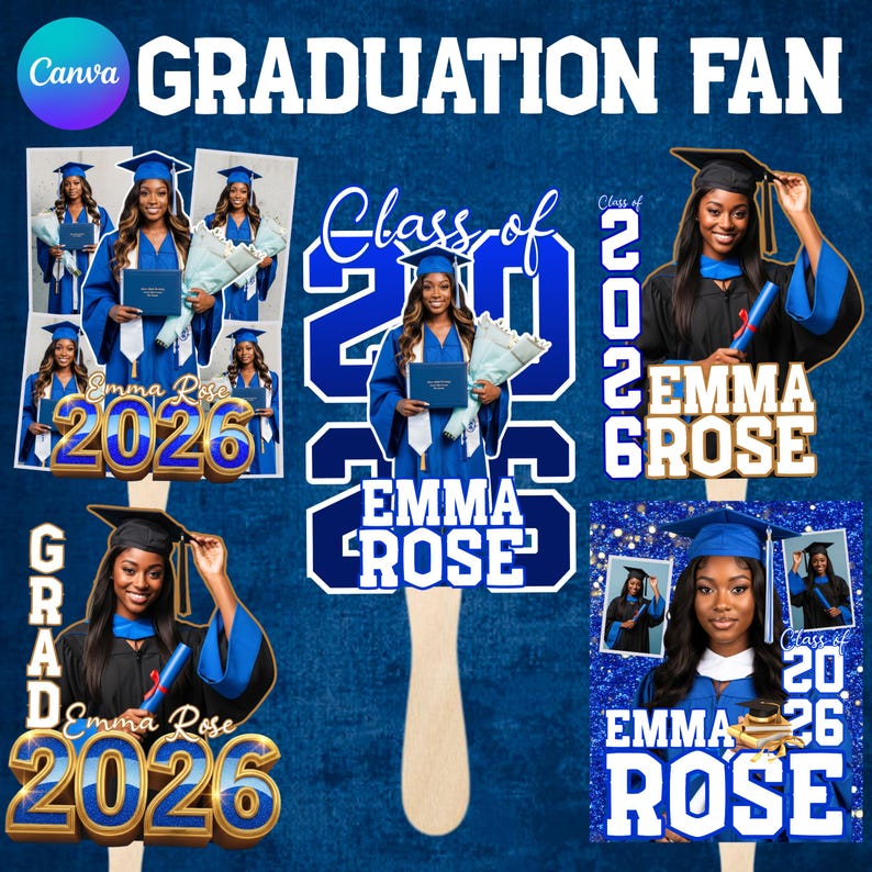 5 Blue Graduation Fan Canva Editable Templates, Graduate Fans Senior ...