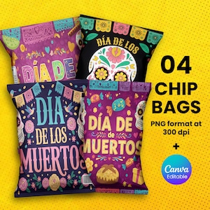 Bearbeitbare Chip-Beutelvorlage, Dia de los Muertos Party Favors, Zuckerschädel Leckerlibeutel, Fiesta Feier Dekor Digital
