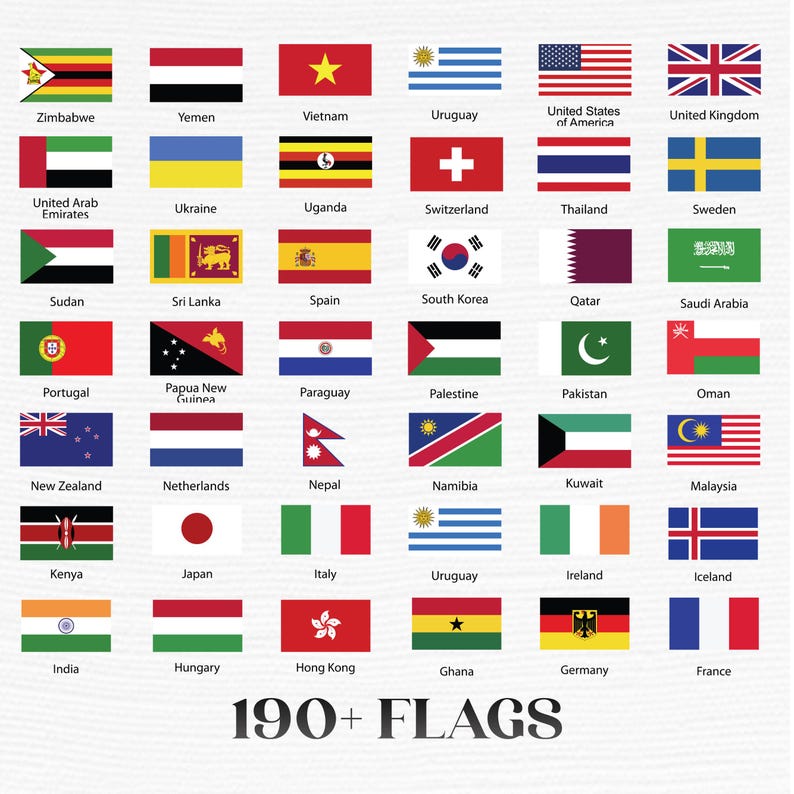 K&ouml;nnte beinhalten: Eine Anordnung von 42 L&auml;nderflaggen, jede mit einzigartigen Designs und Farben, in einem Raster angeordnet. Die Flaggen repr&auml;sentieren Nationen aus aller Welt, darunter Deutschland, Frankreich und Japan. Der Text "190+ FLAGS" befindet sich unten.