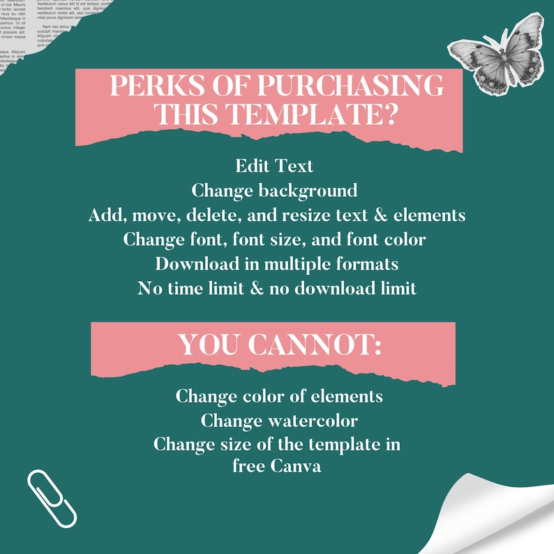 May include: A pink and green graphic with torn edges lists the perks and limitations of purchasing a template. The text reads "PERKS OF PURCHASING THIS TEMPLATE?" and lists the following perks: "Edit Text", "Change background", "Add, move, delete, and resize text & elements", "Change font, font size, and font color", "Download in multiple formats", "No time limit & no download limit". The text also reads "YOU CANNOT:" and lists the following limitations: "Change color of elements", "Change watercolor", "Change size of the template in free Canva".