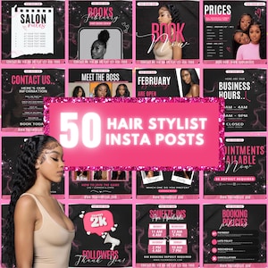 May include: A collection of 50 pink and black Instagram post templates for hair stylists. The templates include text such as "Salon Rules", "Books February", "Book Now", "Prices", "Contact Us", and "Business Hours".