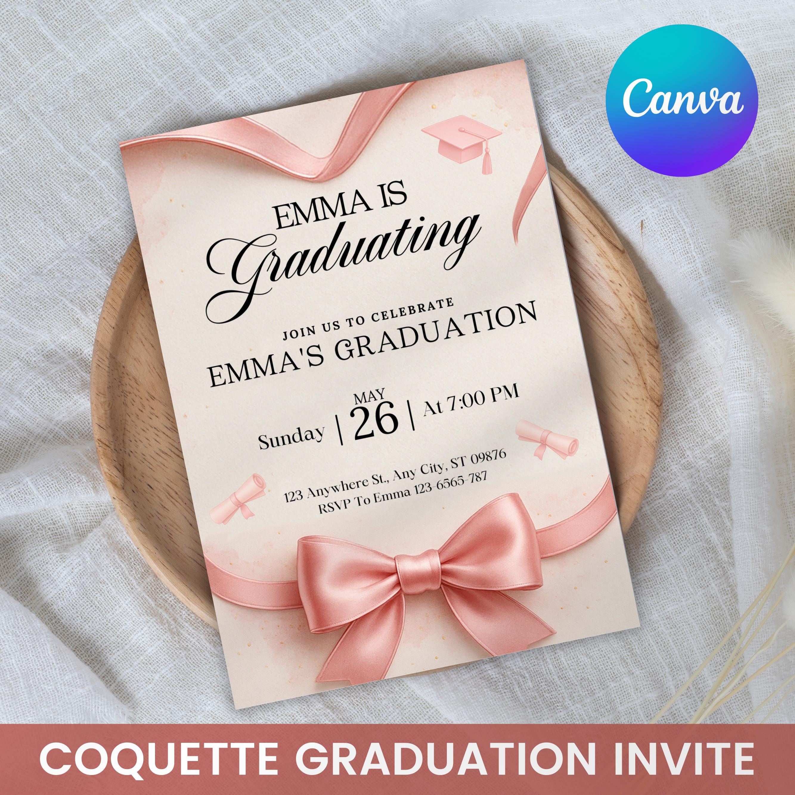Pink Grad Invite Template Pink Bow Graduation Invitation, Pink Coquette Bow Graduation Invite ...