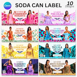 May include: A digital collection of 10 soda can label designs featuring various cocktail names like Strawberry Margarita, Pina Colada Margarita, Tiki Rum Hurricane, Lemon Drop Martini, Tequila Paloma, Blueberry Margarita, and White Russian Margarita.