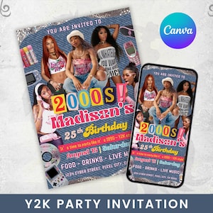May include: A Y2K party invitation with a denim effect background, featuring images of women. The invitation reads "2000s! Madison's 25th Birthday" and includes event details. A smartphone displays the same design.