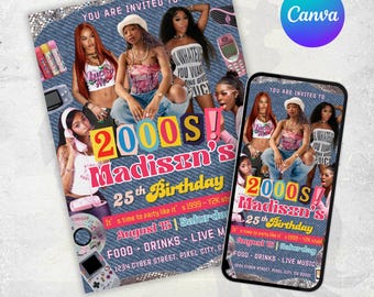 early 2000 party flyer, Early 2000s Retro Y2K Themed Party Invitation, Printable Y2K Inspired Birthday Flyer,Canva Template Instant Download