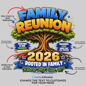May include: A graphic design for a family reunion, featuring the words "FAMILY REUNION" in blue and orange, above a tree illustration. Below, it reads "2026 ROOTED IN FAMILY" and "Where My Fam At?" on a blue banner. The design is editable.