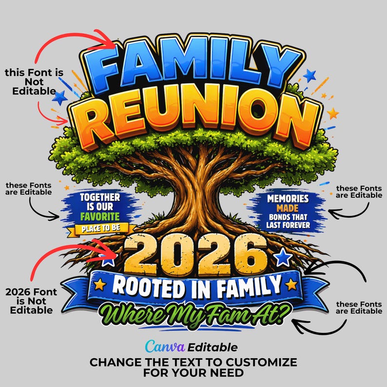 May include: A graphic design for a family reunion, featuring the words "FAMILY REUNION" in blue and orange, above a tree illustration. Below, it reads "2026 ROOTED IN FAMILY" and "Where My Fam At?" on a blue banner. The design is editable.