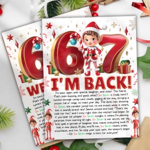 May include: Two Christmas cards with the text "I'M BACK!" and the numbers "667" in red and gold. An elf in a Santa hat and suit is featured. The cards have festive decorations and text about holiday fun.