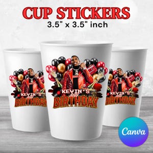 May include: White paper cups with a birthday design. The cups feature a person in a red jacket, balloons, and the text "KEVIN'S BIRTHDAY". The cups are 3.5" x 3.5" inches and the text "CUP STICKERS" is at the top.