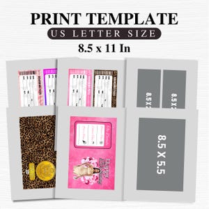 K&ouml;nnte beinhalten: Druckvorlage im US Letter-Format mit den Ma&szlig;en 21,6 x 27,9 cm. Das Design umfasst Bordkarten in Rosa, Lila und Braun sowie einen Leoparden-Print und ein Geburtstagskartendesign. Es gibt auch graue Rechtecke mit den Ma&szlig;en 21,6 x 5,1 cm und 21,6 x 14 cm.