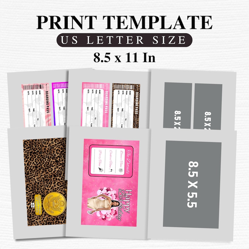 K&ouml;nnte beinhalten: Druckvorlage im US Letter-Format mit den Ma&szlig;en 21,6 x 27,9 cm. Das Design umfasst Bordkarten in Rosa, Lila und Braun sowie einen Leoparden-Print und ein Geburtstagskartendesign. Es gibt auch graue Rechtecke mit den Ma&szlig;en 21,6 x 5,1 cm und 21,6 x 14 cm.