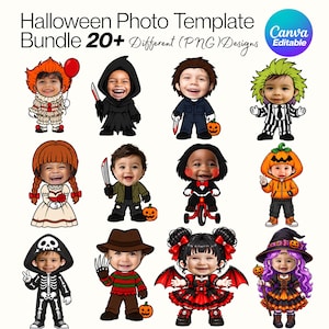 May include: A Halloween photo template bundle featuring over 20 editable PNG designs. The graphic displays various cartoon-style characters with child faces, including costumes like a clown, grim reaper, skeleton, witch, and pumpkin-themed outfits.