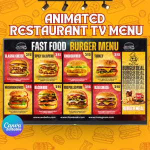Può includere: Un menu digitale per ristorante su schermo che mostra una selezione di hamburger fast food. Lo schermo presenta otto opzioni di hamburger con nomi, prezzi e descrizioni, tra cui classic cheese, spicy jalapeno, chicken fried, turkey, mushroom swiss, bacon bbq, bbq pulled pork e blue cheese. Un'offerta di menu hamburger è elencata sul lato destro.