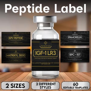 May include: A clear glass vial with a silver cap and black label, featuring the text "IGF-1 LR3" and other peptide names. The image also displays labels with the text "2 Sizes", "2 Different Styles", and "60 Editable Templates".