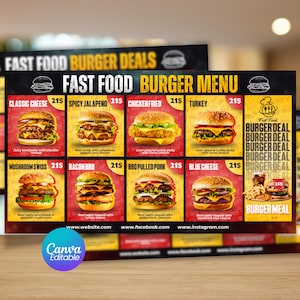 Può includere: Un volantino di menu per hamburger fast food con otto diverse opzioni, tra cui classic cheese, spicy jalapeno, chicken fried, turkey, mushroom swiss, bacon bbq, bbq pulled pork e blue cheese, con testi e prezzi indicati.