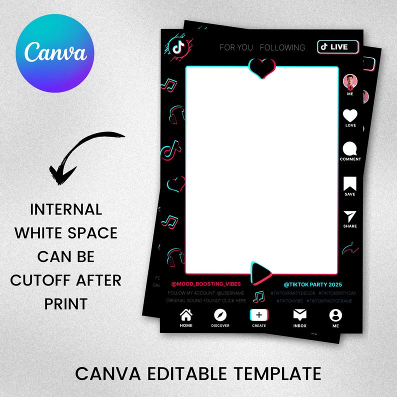 May include: Black Canva editable template with a white interior space, designed for TikTok. Features a heart, music notes, and social media icons. Includes the text "FOR YOU FOLLOWING" and "LIVE".