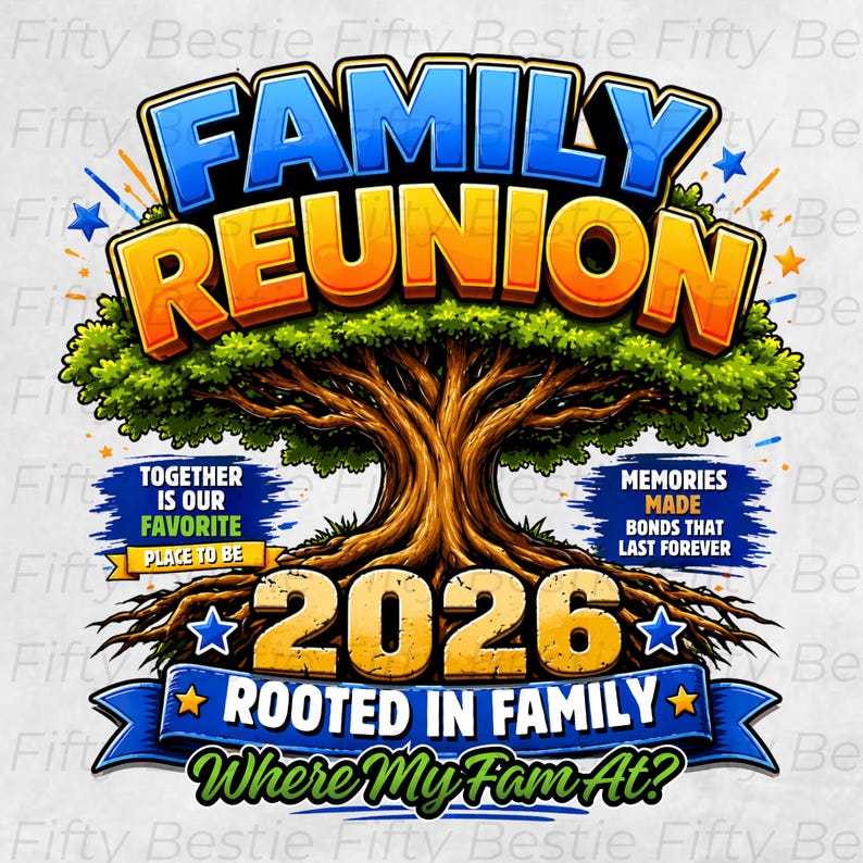 May include: A colorful graphic design for a family reunion. The design features the words "Family Reunion" in blue and orange, a tree, the year "2026", and the phrases "Together is our favorite place to be", "Memories made bonds that last forever", "Rooted in Family", and "Where My Fam At?"
