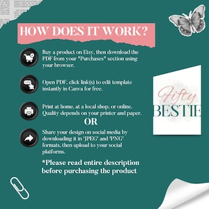 May include: A green and pink graphic with the text "How Does It Work?" and instructions on how to use a printable digital template. The text also includes "Fifty Bestie".