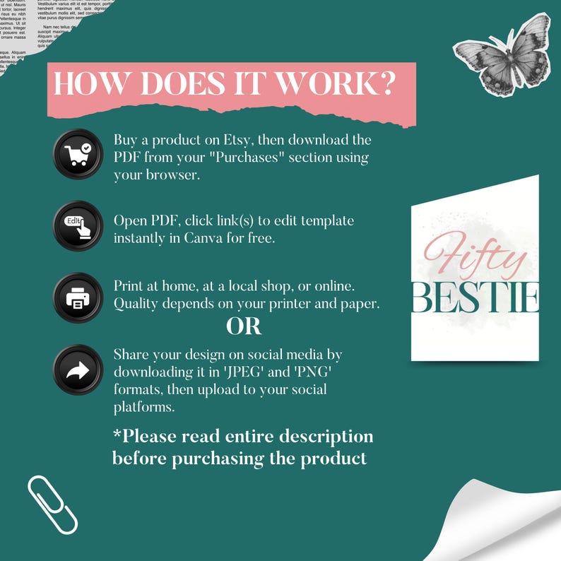 May include: A green and pink graphic with the text "How Does It Work?" and instructions on how to use a printable digital template. The text also includes "Fifty Bestie".