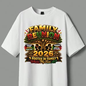 May include: A white t-shirt featuring a graphic of a large tree with silhouettes of people underneath. The text reads FAMILY REUNION, 2026, ROOTED IN FAMILY, Where My Fam At?, TOGETHER IS OUR FAVORITE PLACE TO BE, and MEMORIES MADE BONDS THAT LAST FOREVER.