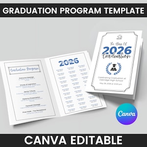 May include: A graduation program template with a white background. The program includes the text "Graduation Program", "2026", and "The Class Of 2026 Graduation". The Canva logo is visible.