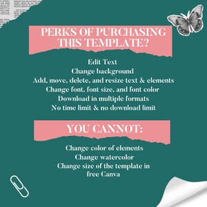 May include: A teal graphic with text listing the perks and limitations of a template. The text includes "Edit Text", "Change background", and "Download in multiple formats". A butterfly and paperclip graphic are also present.