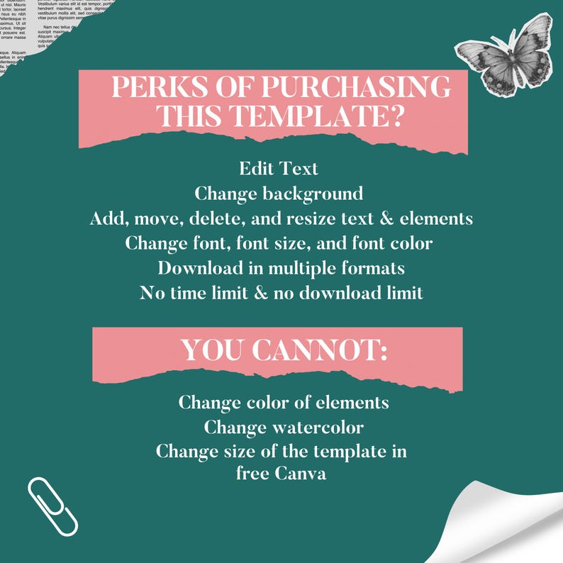 May include: A teal graphic with text listing the perks and limitations of a template. The text includes "Edit Text", "Change background", and "Download in multiple formats". A butterfly and paperclip graphic are also present.