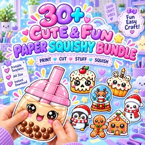 Meer dan 30 papieren squishie-sjablonen, squishy-clipart, printbare papieren squishies voor kinderen, schattige doe-het-zelf knutselprojecten, leuke squishies met eten en technologie als thema (megabundel)