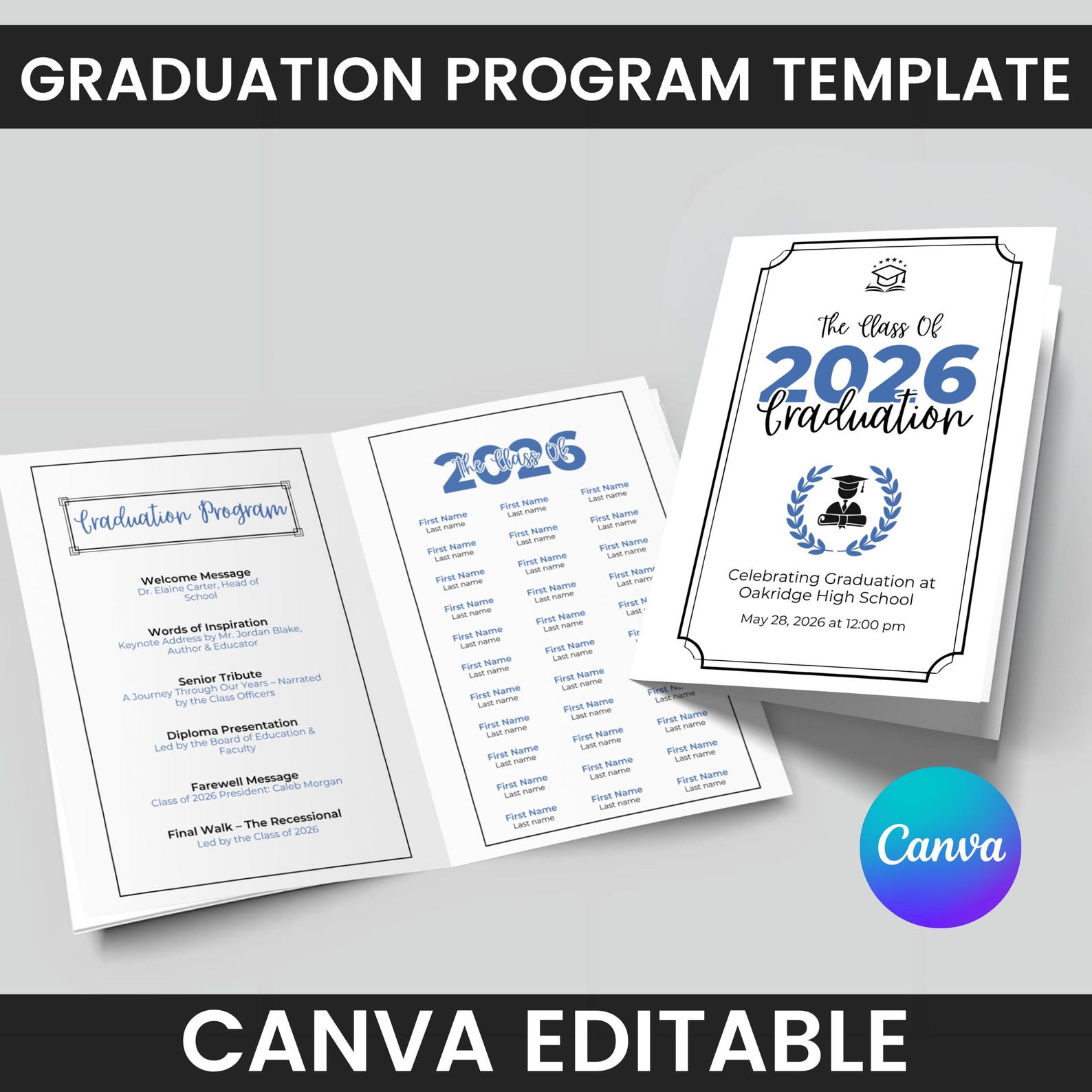 2026 Graduation Program Template Editable Grad Ceremony Card,class of ...