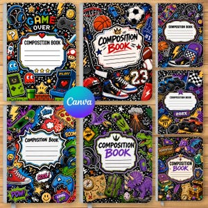Back to School Composition Book Front & Back Covers Bundle, Leopard Composition Book , First Day Of School Pattern Designs,Teacher Name Tags