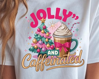 Jolly & Caffeinated Png zu sein, Weihnachten Png, Weihnachtssublimation, Weihnachtsbaum Kokette Png, Adrette Weihnachten Png, Rosa Schleife Png Digital