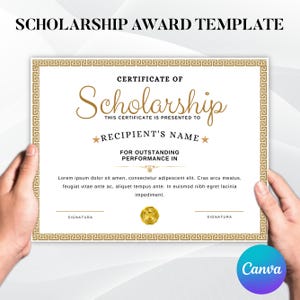 May include: A gold and white certificate template with a decorative border. The text "Certificate of Scholarship" is at the top of the certificate. The text "This certificate is presented to" is below the title. The text "Recipient's Name" is in the center of the certificate. The text "For Outstanding Performance in" is below the recipient's name. The text "Lorem ipsum dolor sit amen, consectetur adipescent elit. Cras arcu meatus, feugiat vitae ante ac, aliquet tempus ante. In euismod nibh egret lacinia impediment." is below the performance in text. The text "Signatura" is at the bottom left and right of the certificate.