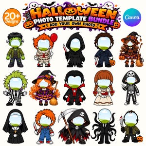 Pacote de Modelos de Fotos de Halloween | Adicione sua Própria Foto | Molduras de Personagens Personalizadas e Editáveis ​​no Canva para Retratos Assustadores e Fotos de Festa