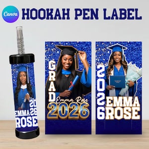 May include: A hookah pen label with a graduation theme. The label features a photo of a graduate in a blue cap and gown, with the text "GRAD Emma Rose 2026" and "Class of 2026 Emma Rose". The pen is black and clear.